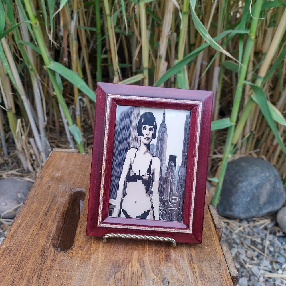 8 Bit Flapper Girl in NYC Framed Mini Art Print lo-fi Pixel Art - Picture 1 of 1